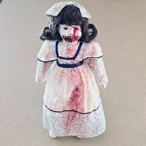 Creepy Doll Hand Painted Scary Face Bloody Dress Horror Collectible 16" Vintage